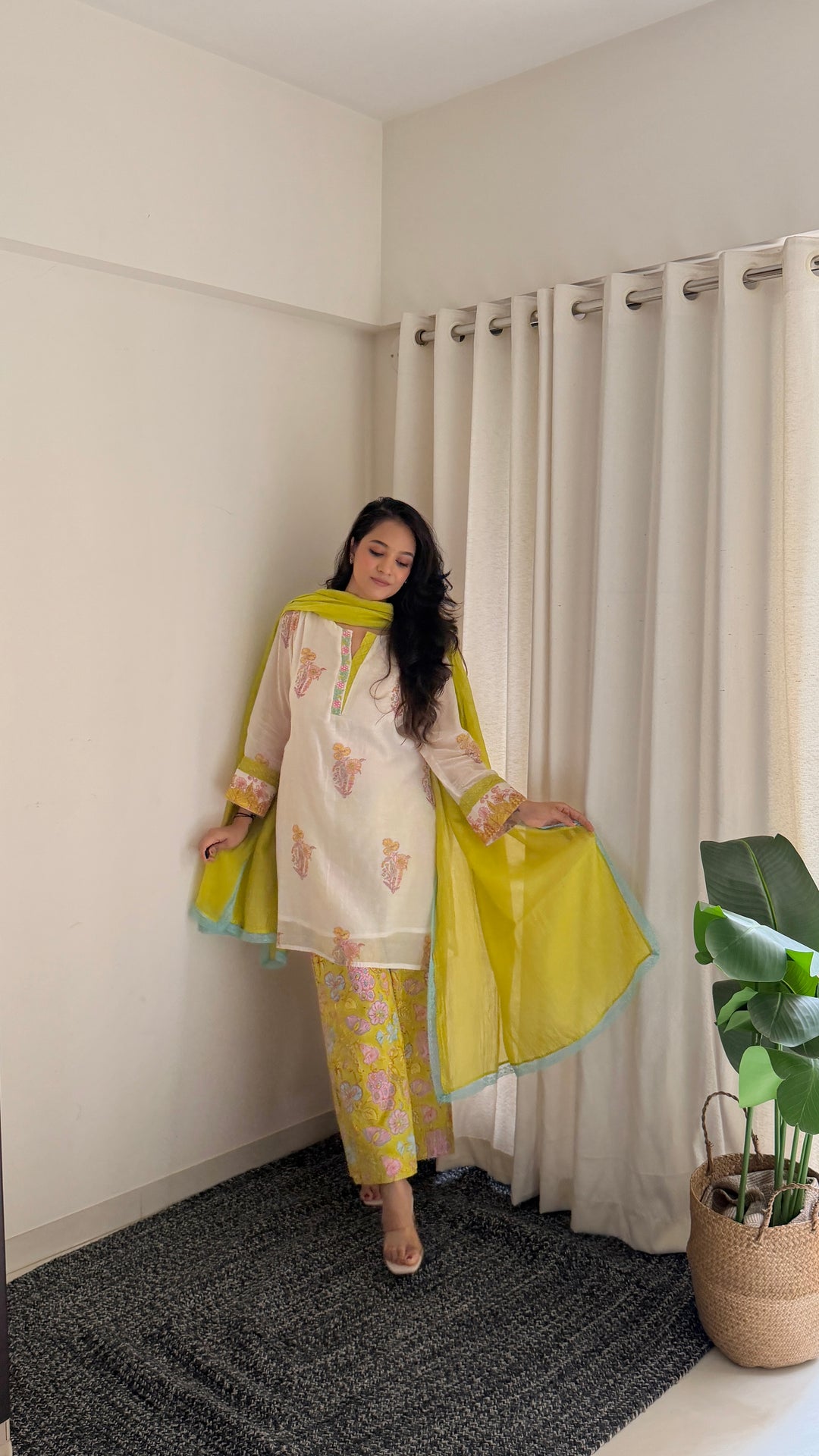 Cotton Candy White Green Hand Block Printed Chanderi Short Kurta Set of 3