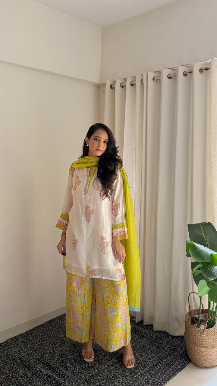 Cotton Candy White Green Hand Block Printed Chanderi Short Kurta Set of 3