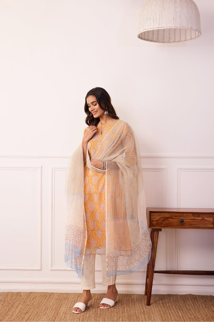 Sukoon Mustard Jaal Kota Doria Set of 3