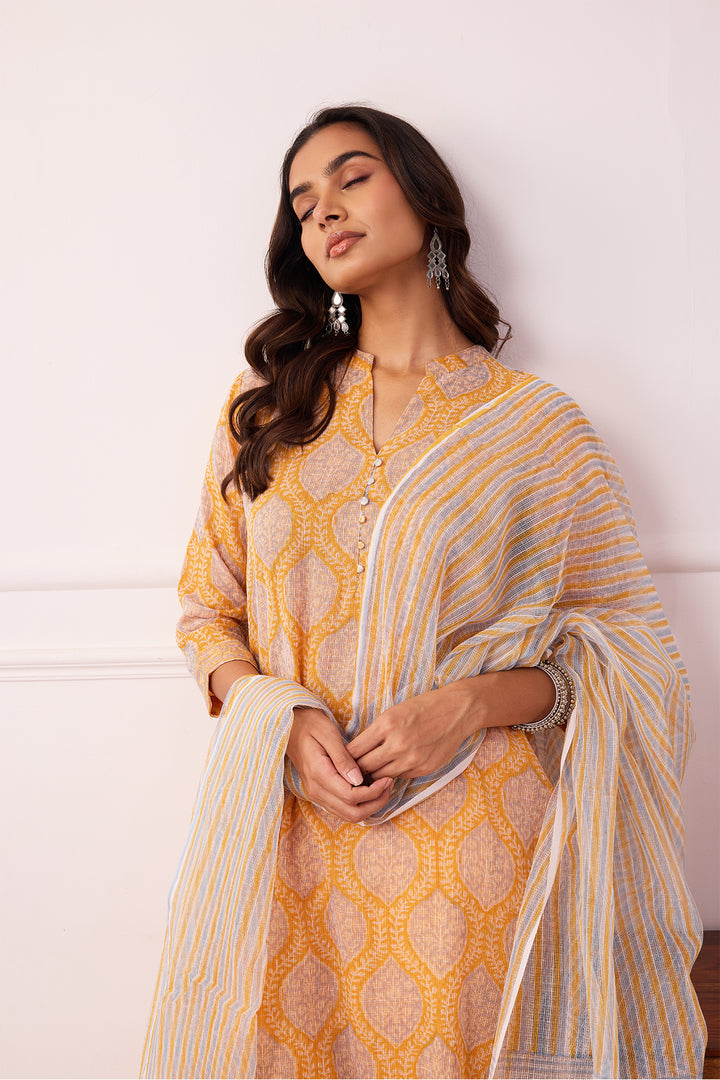 Sukoon Mustard Jaal Kota Doria Set of 3
