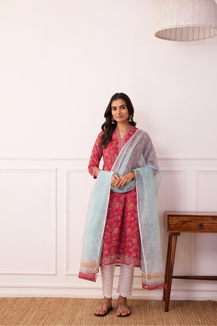 Sukoon Red Jaal Kota Doria Set of 3