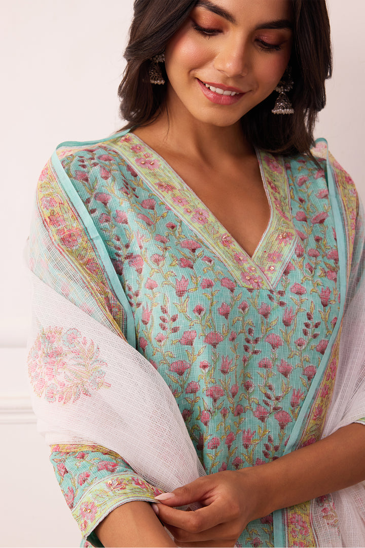Sukoon Turquoise Blue Kota Doria Set of 3