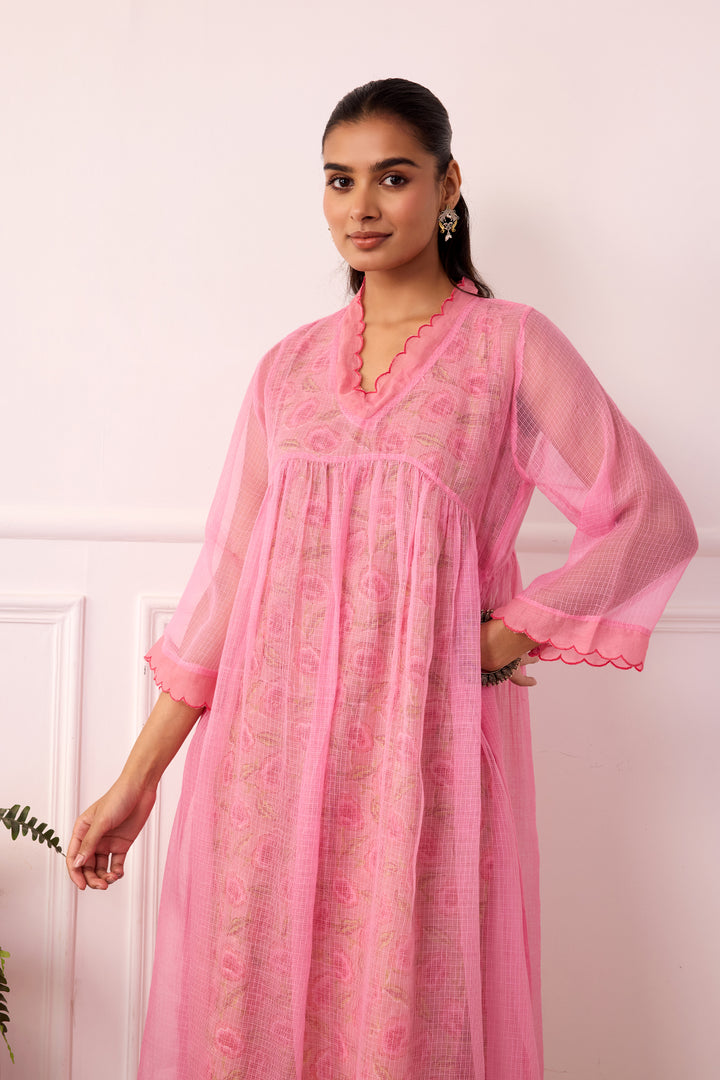 Sukoon Pink Handblock Printed Kota Doria Set with slip set of 3