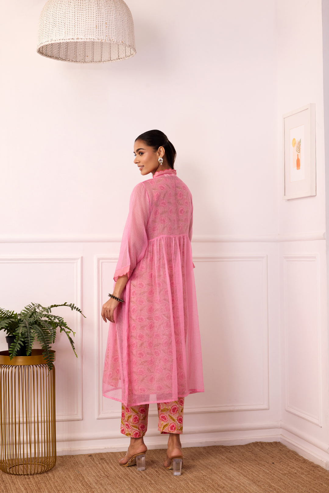 Sukoon Pink Handblock Printed Kota Doria Set with slip set of 3