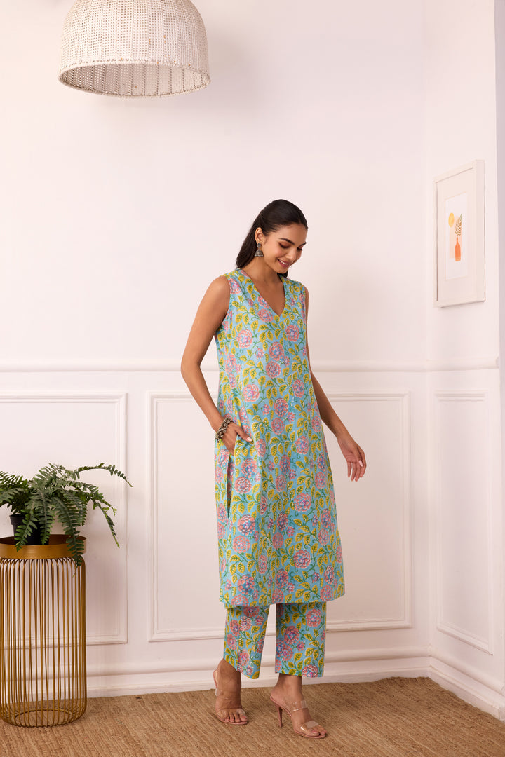 Sukoon Yellow Handblock Printed Kota Doria Set with slip set of 3