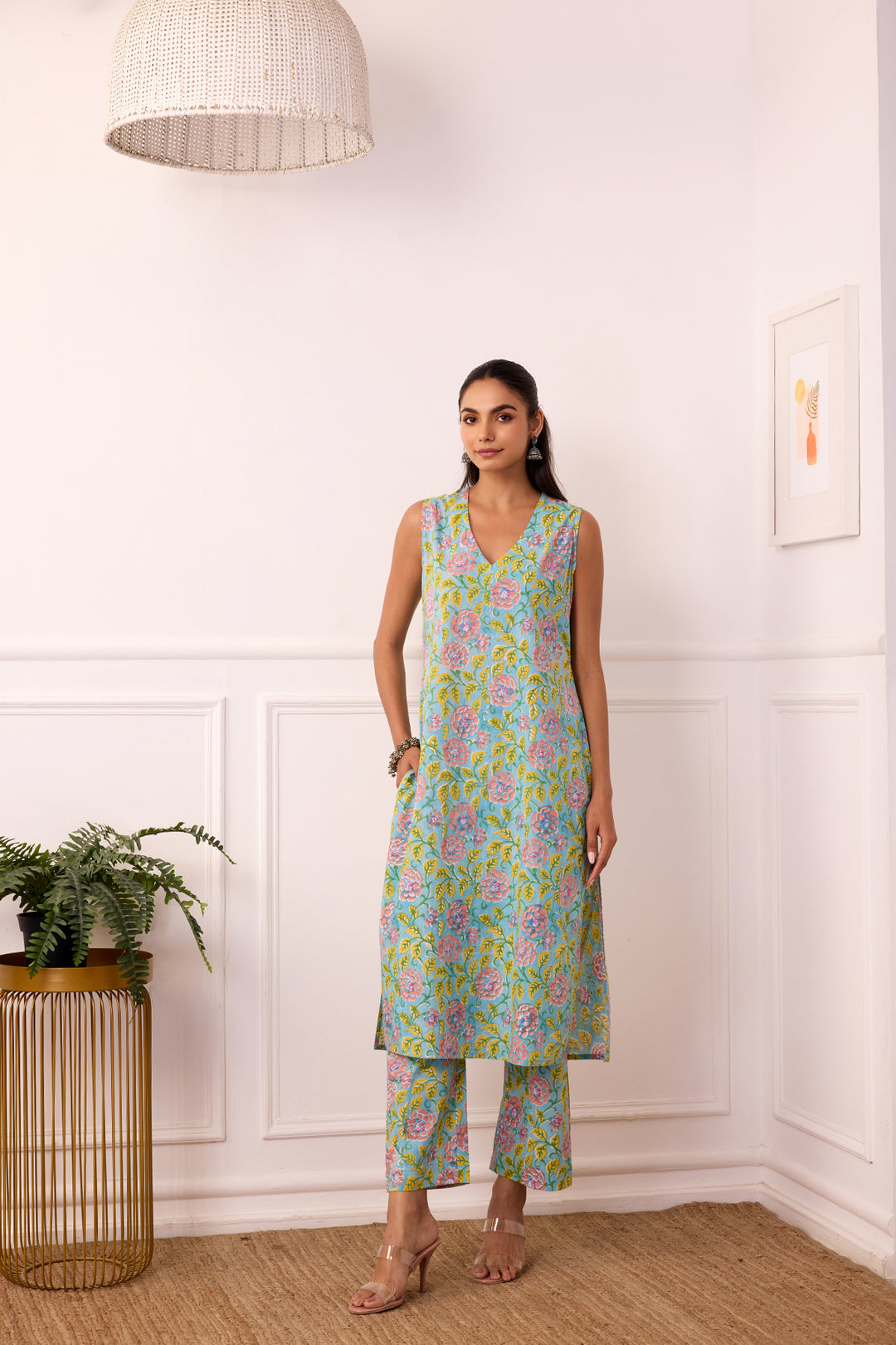 Sukoon Yellow Handblock Printed Kota Doria Set with slip set of 3