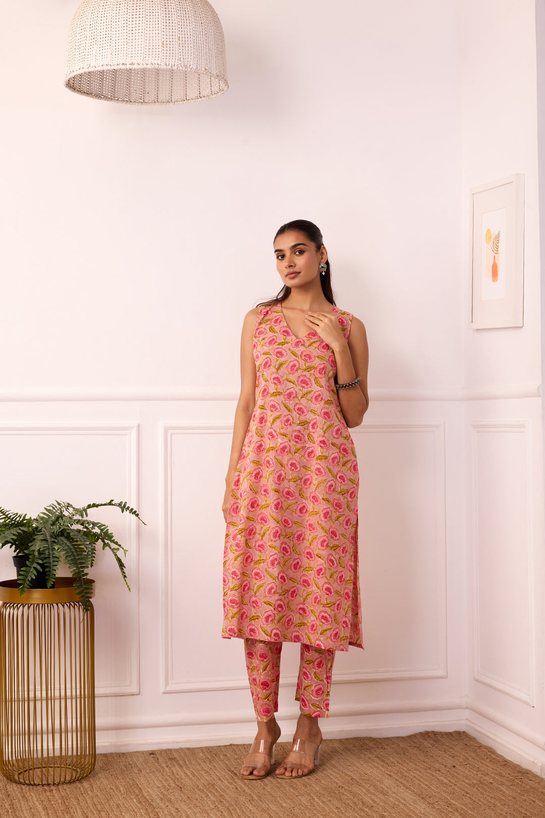 Sukoon Pink Handblock Printed Kota Doria Set with slip set of 3