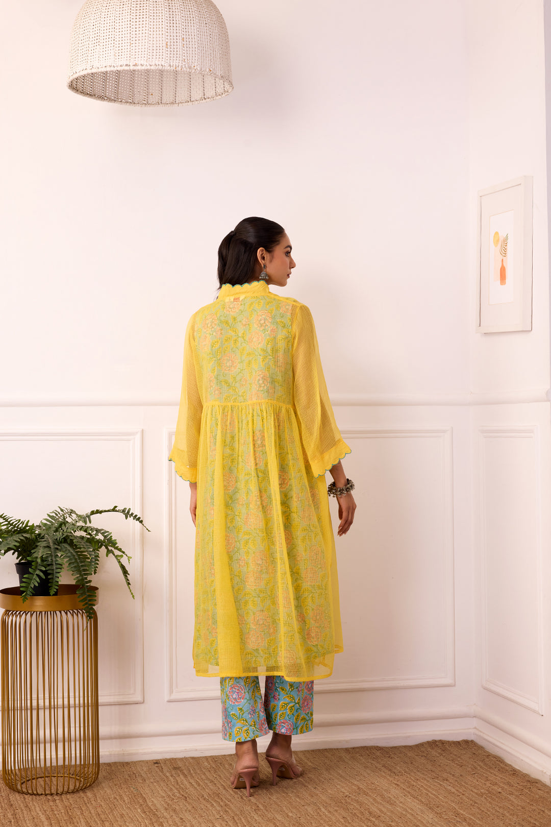 Sukoon Yellow Handblock Printed Kota Doria Set with slip set of 3