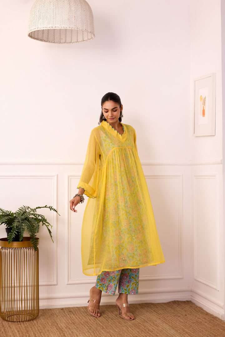 Sukoon Yellow Handblock Printed Kota Doria Set with slip set of 3