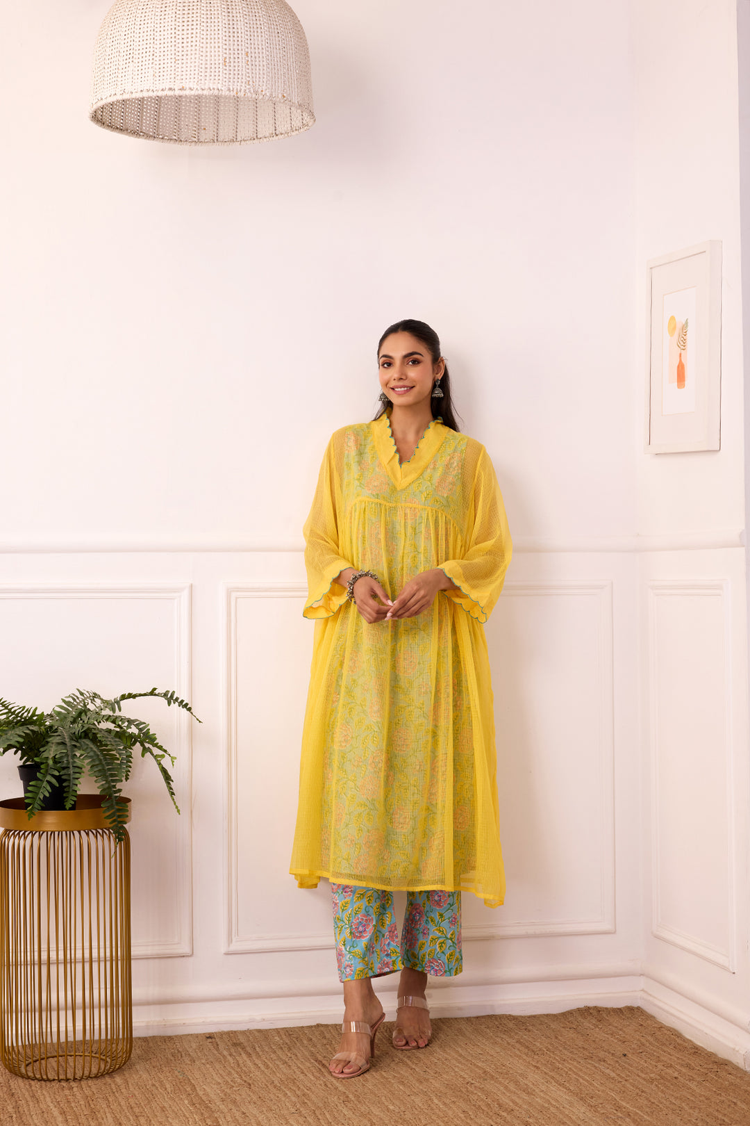 Sukoon Yellow Handblock Printed Kota Doria Set with slip set of 3