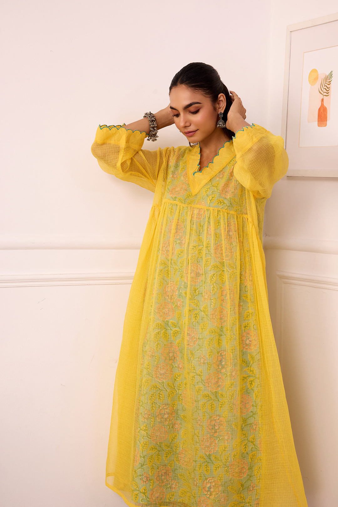 Sukoon Yellow Handblock Printed Kota Doria Set with slip set of 3