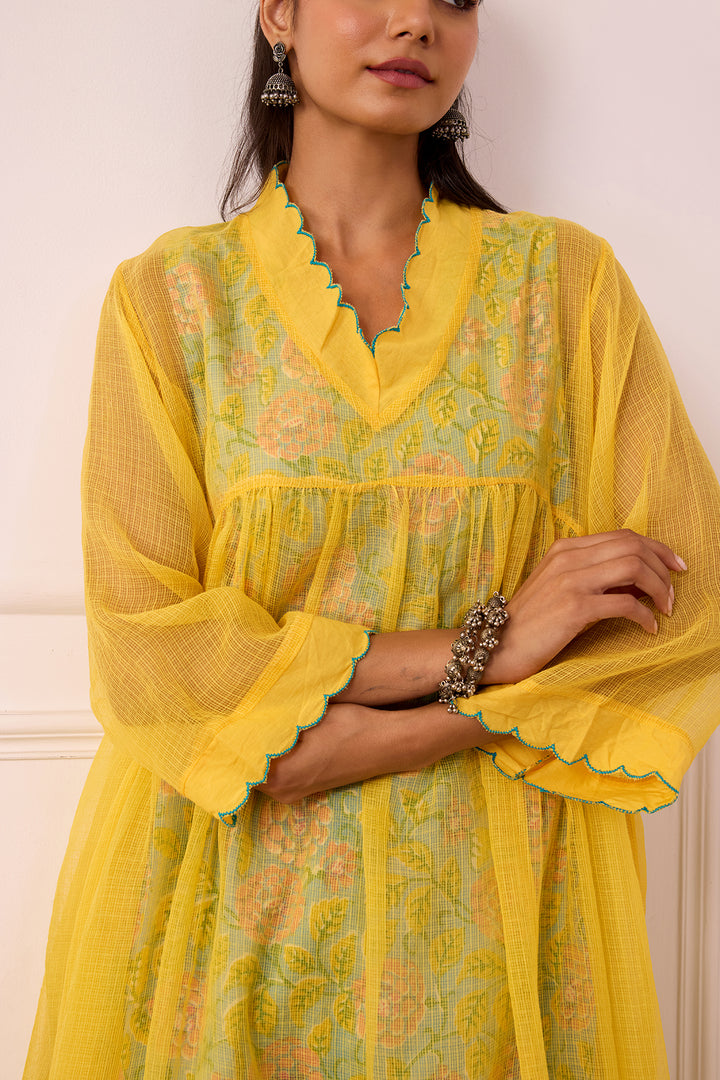 Sukoon Yellow Handblock Printed Kota Doria Set with slip set of 3