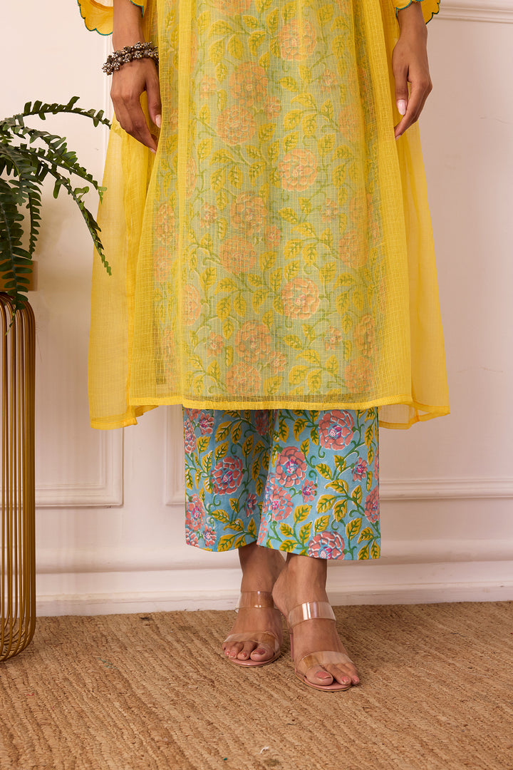 Sukoon Yellow Handblock Printed Kota Doria Set with slip set of 3