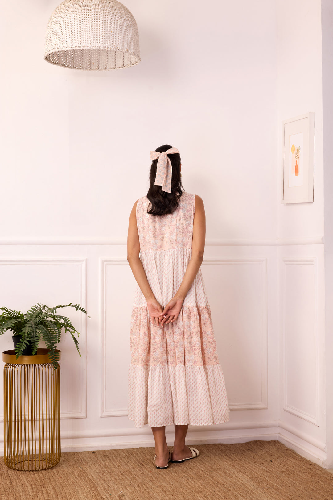 Ambarsariya White & Peach Sleeve Less Frill Dress