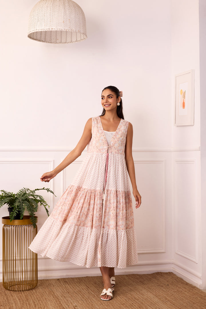 Ambarsariya White & Peach Sleeve Less Frill Dress