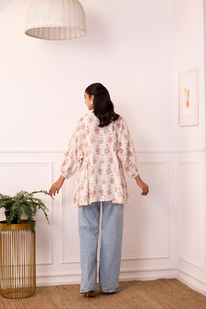 Ambarsariya Off White & Pink Cotton Dobby Top