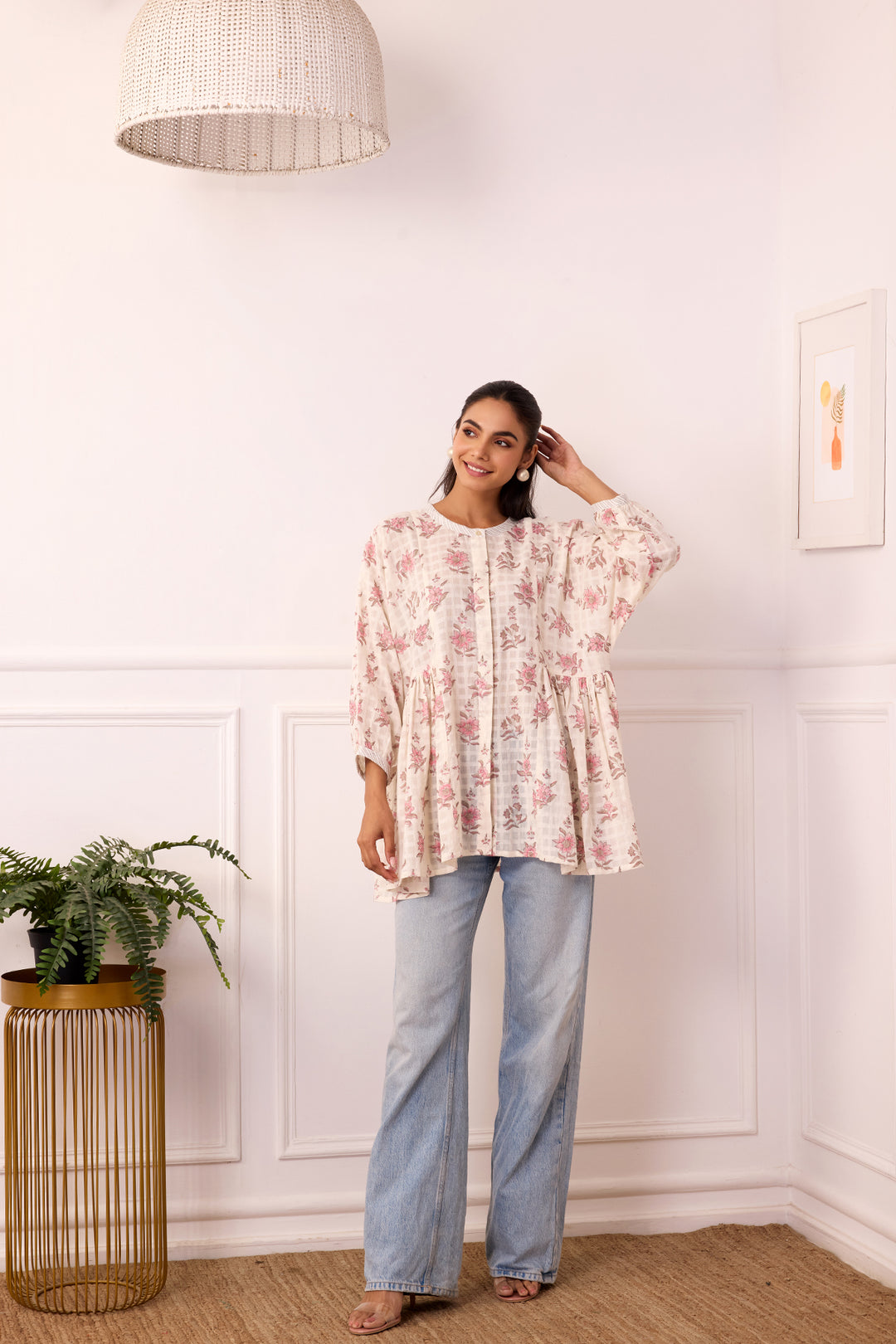 Ambarsariya Off White & Pink Cotton Dobby Top