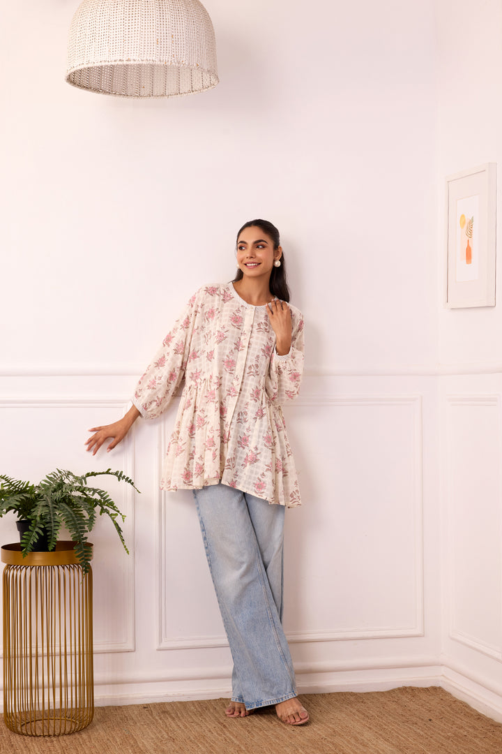 Ambarsariya Off White & Pink Cotton Dobby Top