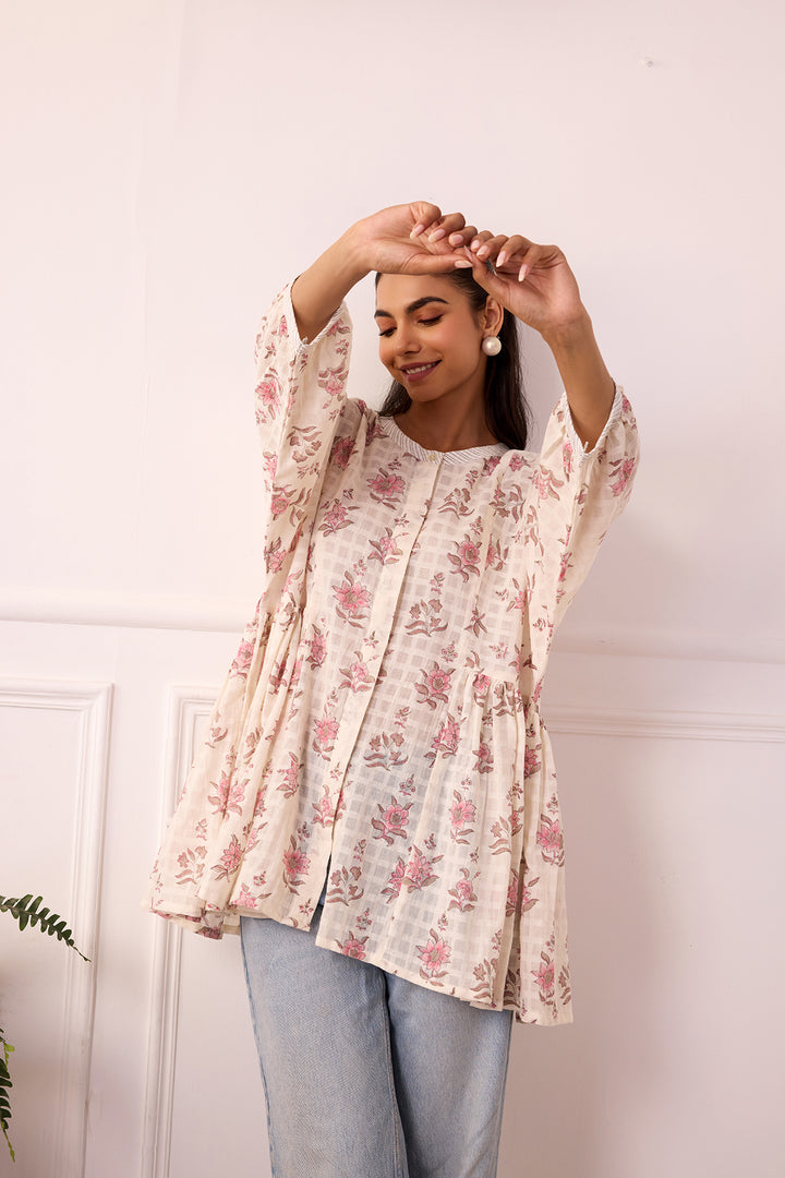Ambarsariya Off White & Pink Cotton Dobby Top
