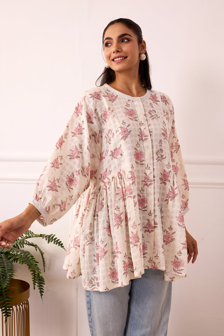 Ambarsariya Off White & Pink Cotton Dobby Top