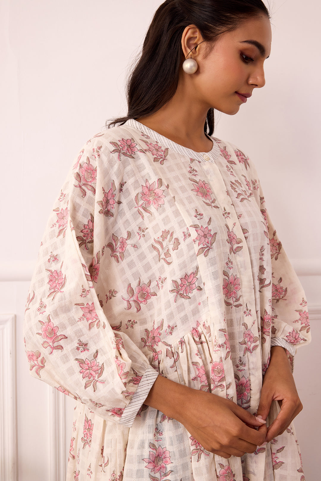 Ambarsariya Off White & Pink Cotton Dobby Top