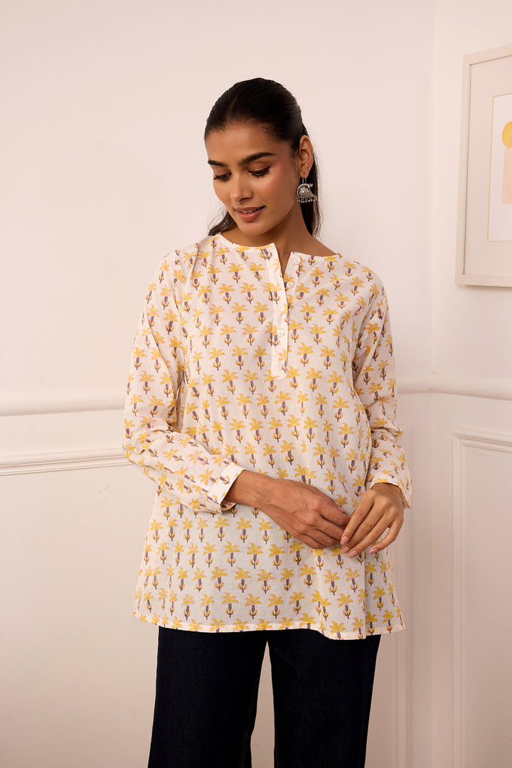Ambarsariya White & Yellow Cotton Top
