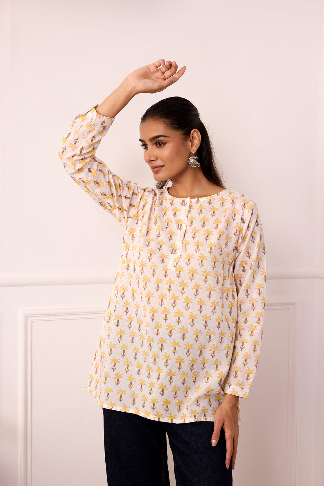 Ambarsariya White & Yellow Cotton Top