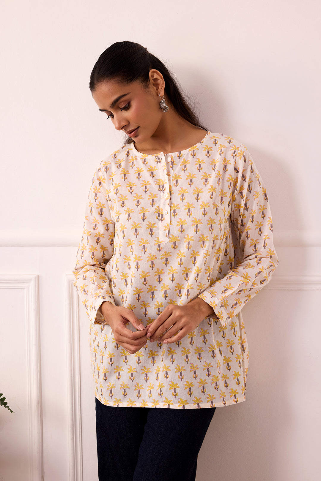 Ambarsariya White & Yellow Cotton Top