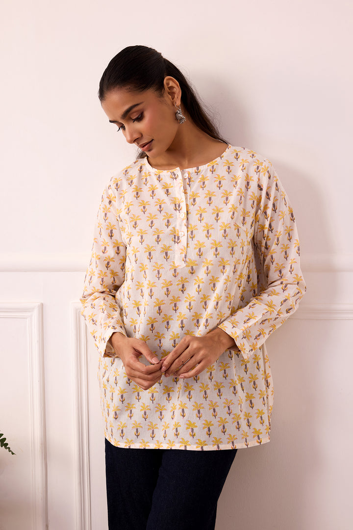 Ambarsariya White & Yellow Cotton Top