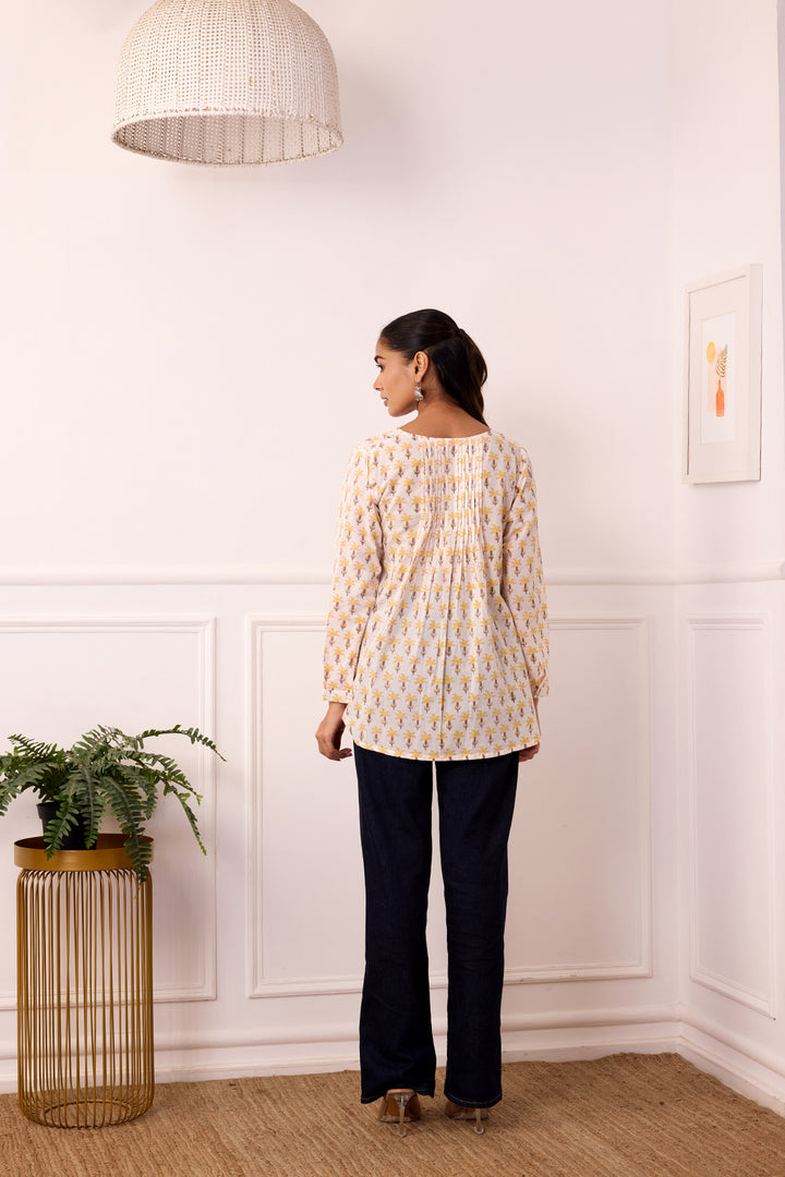 Ambarsariya White & Yellow Cotton Top