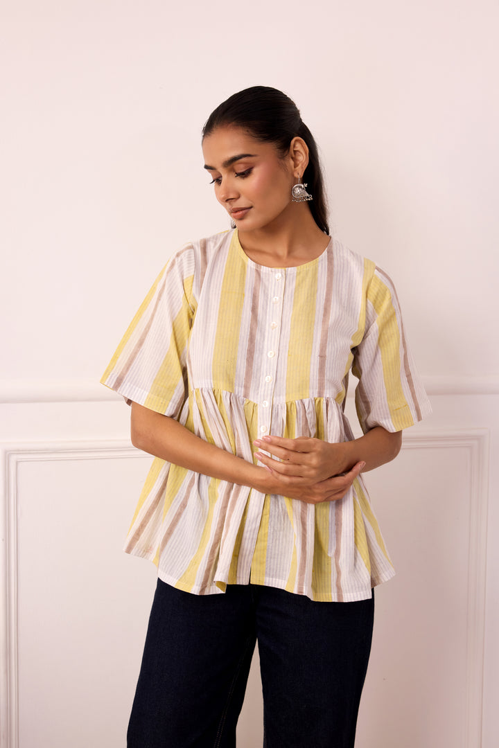Ambarsariya White & Yellow Cotton Top