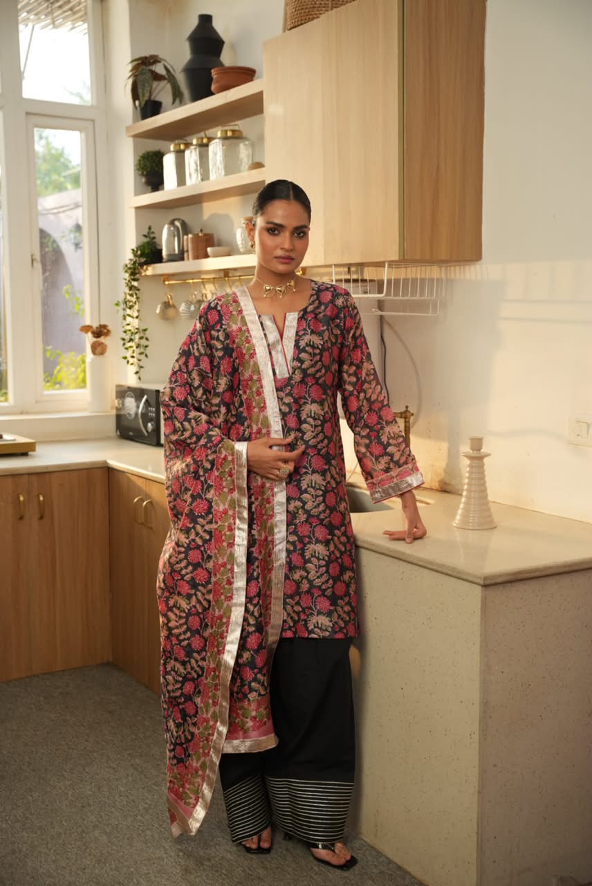 Rivaaz Black Hand Block Printed Chanderi Suit Set of 3