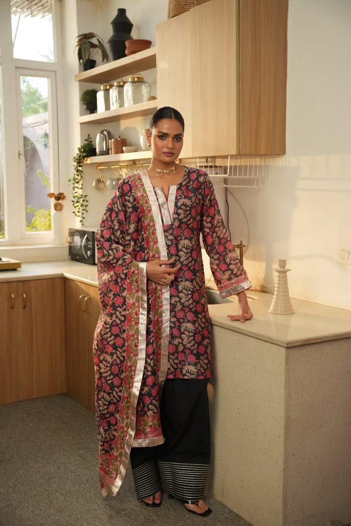 Rivaaz Black Hand Block Printed Chanderi Suit Set of 3