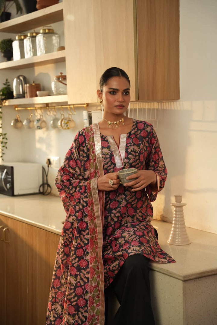 Rivaaz Black Hand Block Printed Chanderi Suit Set of 3