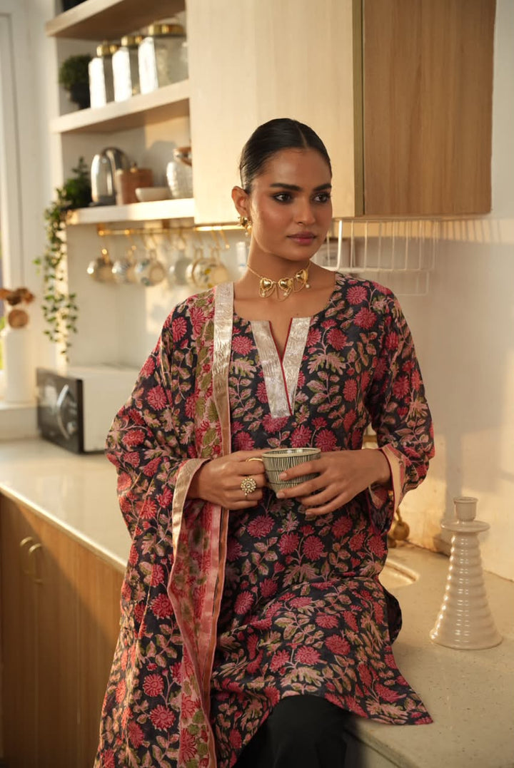 Rivaaz Black Hand Block Printed Chanderi Suit Set of 3