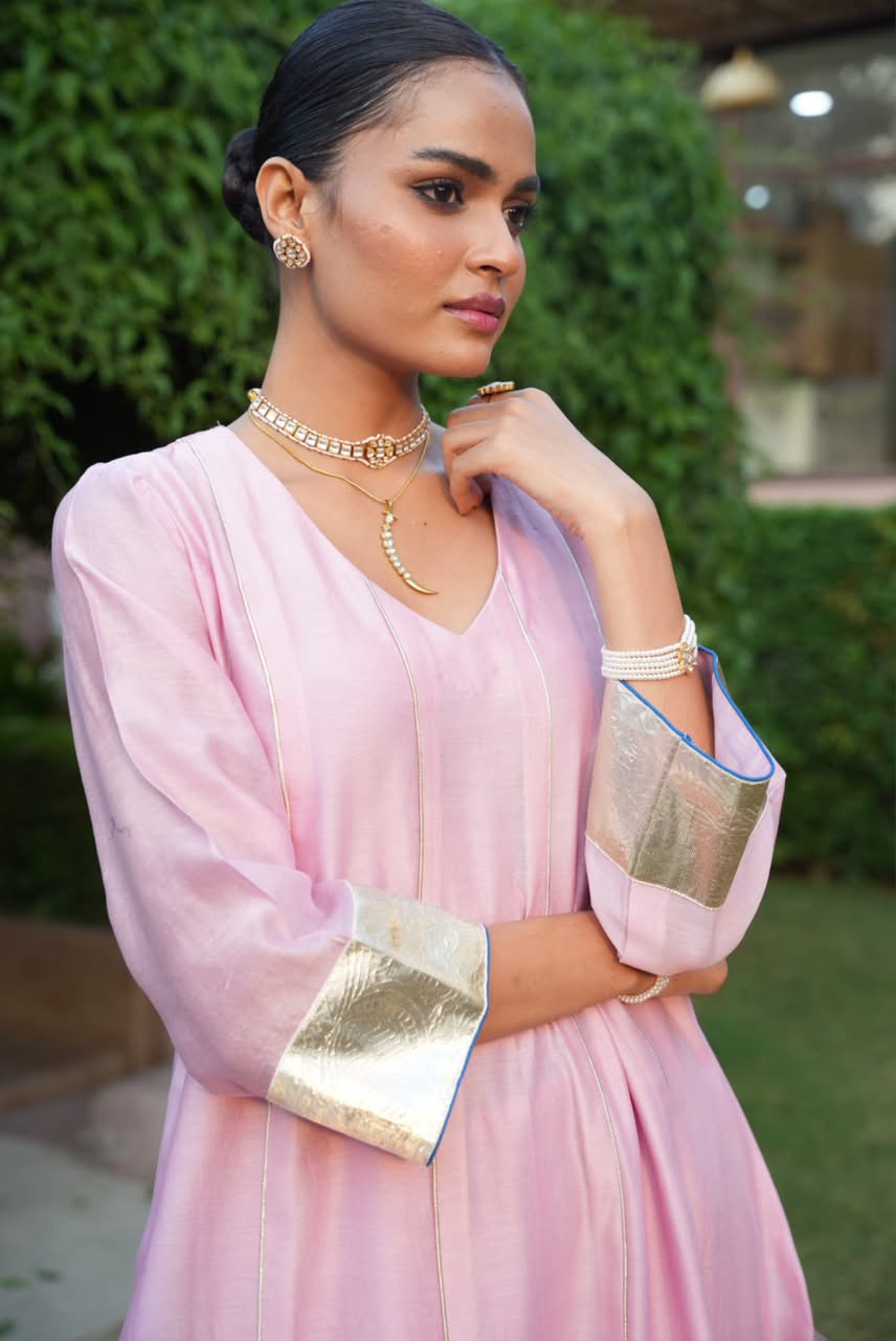 Rivaaz Pink Plain Chanderi Anarkali Suit Set of 3