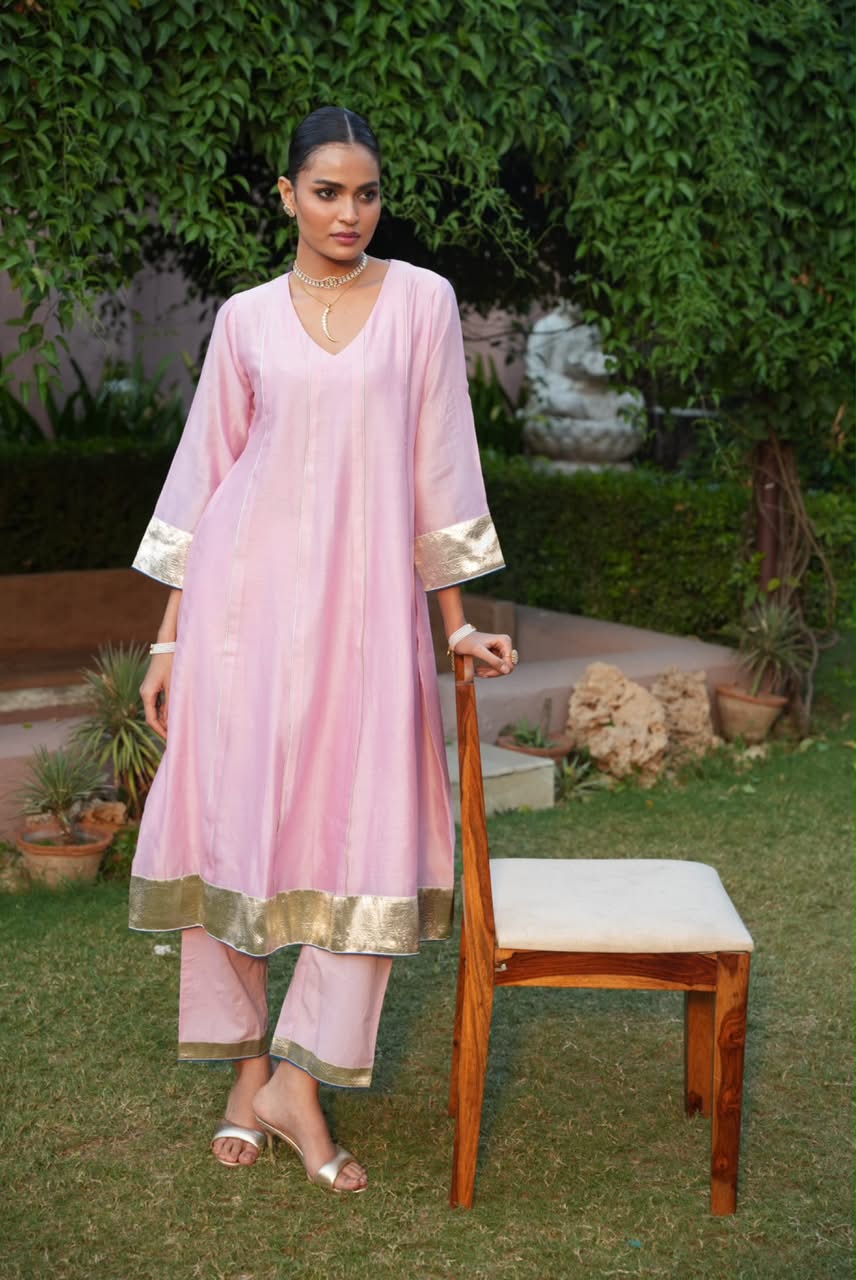 Rivaaz Pink Plain Chanderi Anarkali Suit Set of 3
