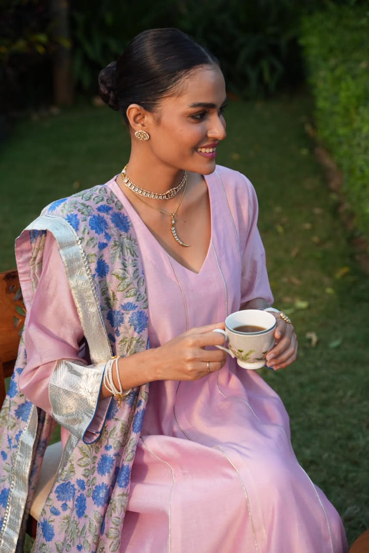 Rivaaz Pink Plain Chanderi Anarkali Suit Set of 3