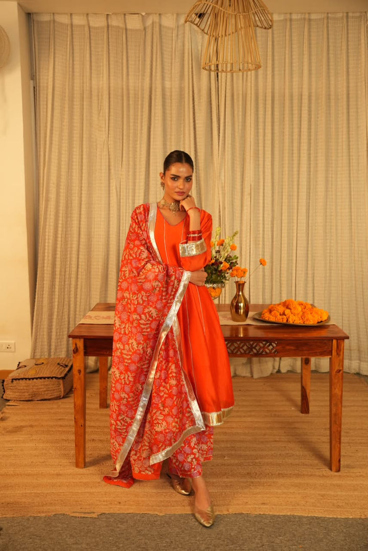 Rivaaz Orange Plain Chanderi Anarkali Suit Set of 3