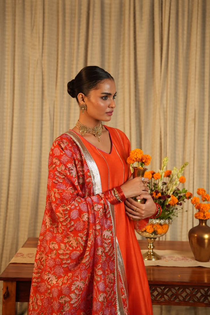 Rivaaz Orange Plain Chanderi Anarkali Suit Set of 3