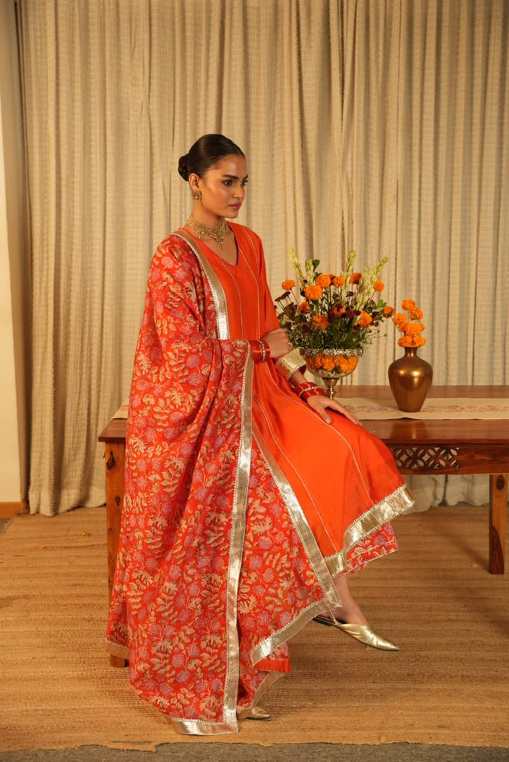 Rivaaz Orange Plain Chanderi Anarkali Suit Set of 3