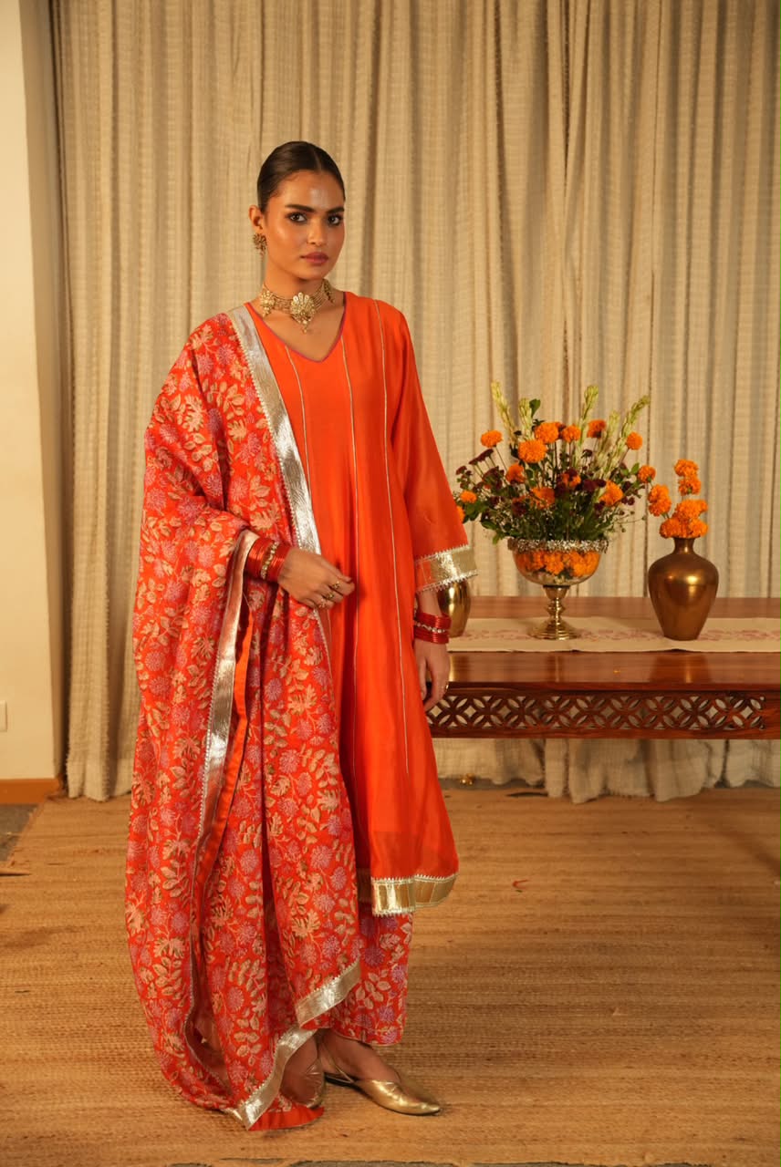 Rivaaz Orange Plain Chanderi Anarkali Suit Set of 3