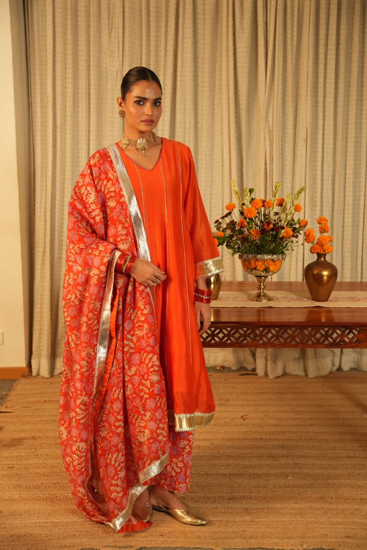 Rivaaz Orange Plain Chanderi Anarkali Suit Set of 3