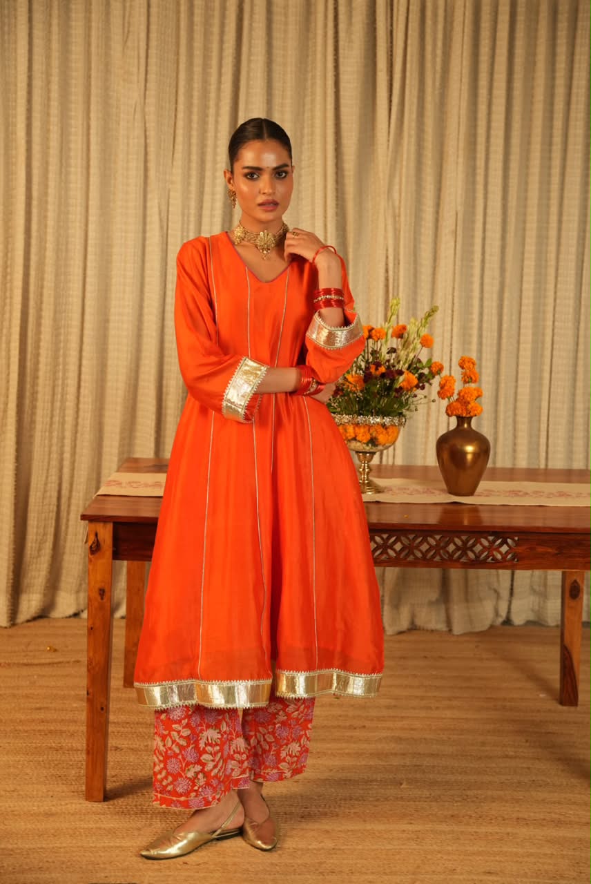 Rivaaz Orange Plain Chanderi Anarkali Suit Set of 3