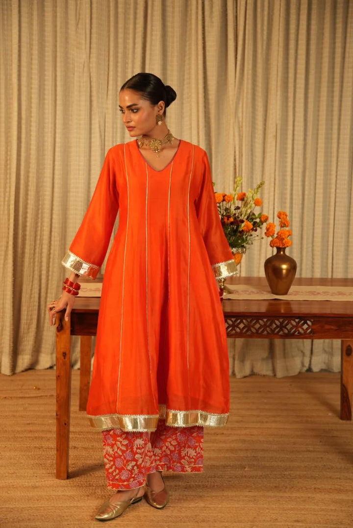 Rivaaz Orange Plain Chanderi Anarkali Suit Set of 3