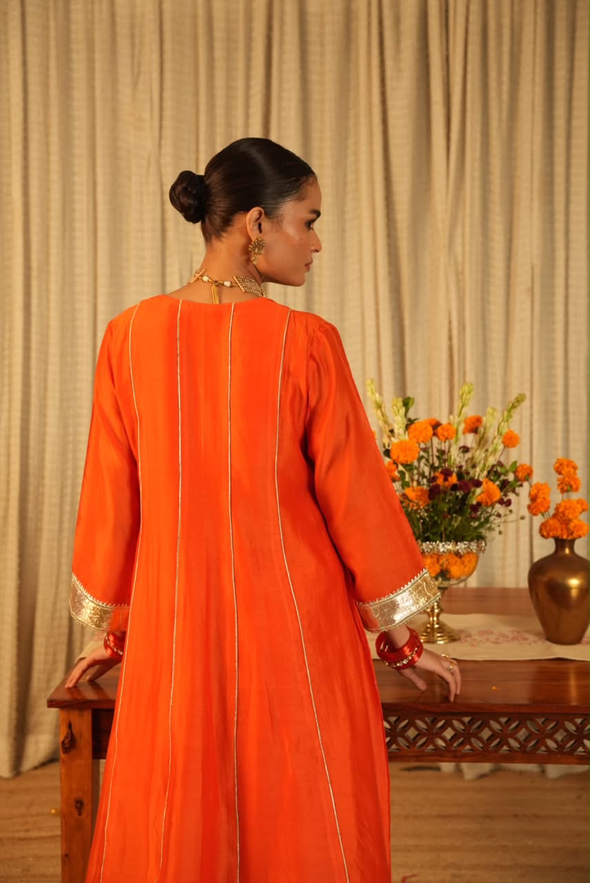 Rivaaz Orange Plain Chanderi Anarkali Suit Set of 3