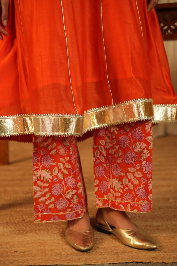 Rivaaz Orange Plain Chanderi Anarkali Suit Set of 3