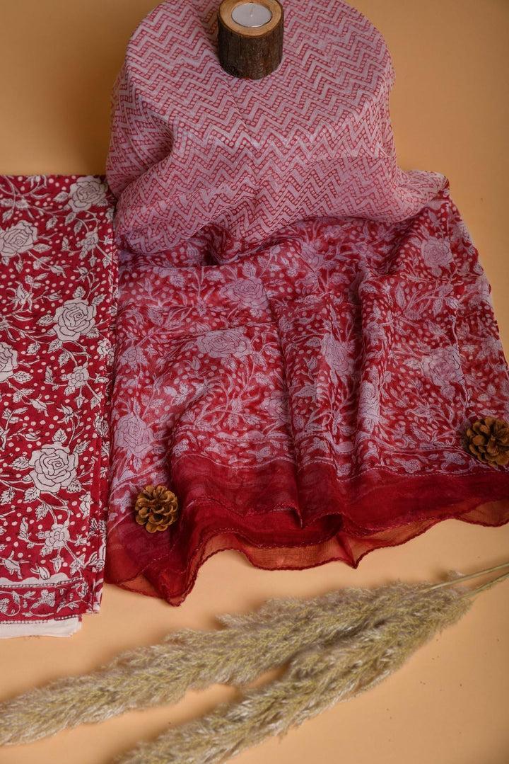 Red Hand Block Printed Cotton Suit With Chiffon dupatta
