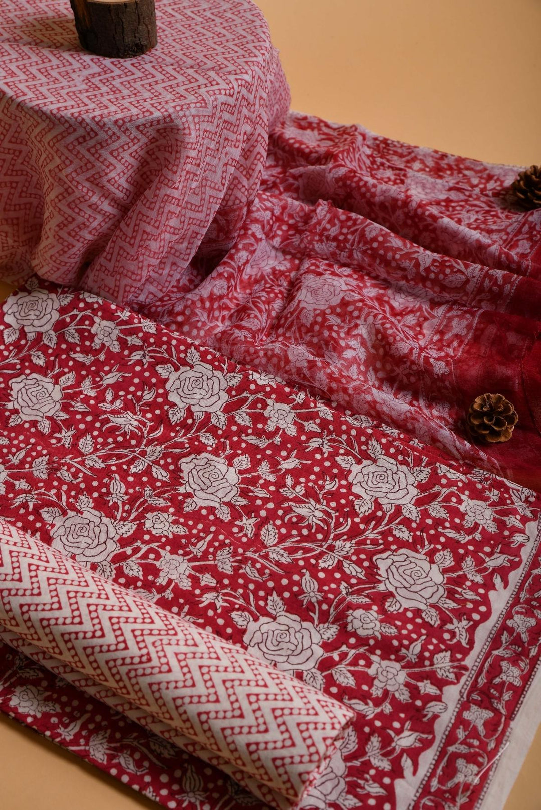 Red Hand Block Printed Cotton Suit With Chiffon dupatta