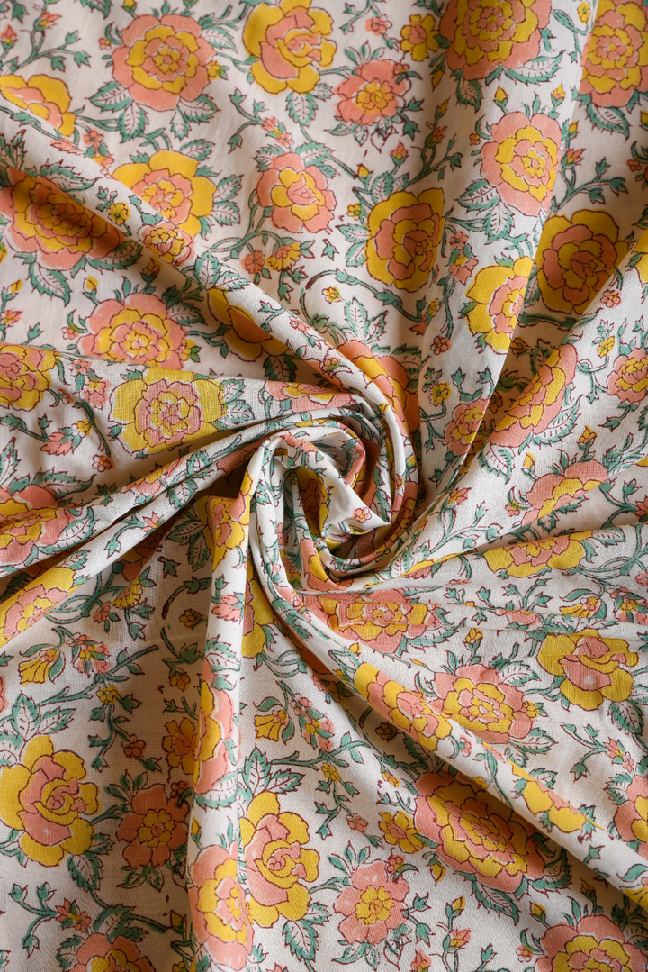 Mustard & Peach Floral Jaal Block Printed Cotton Fabric